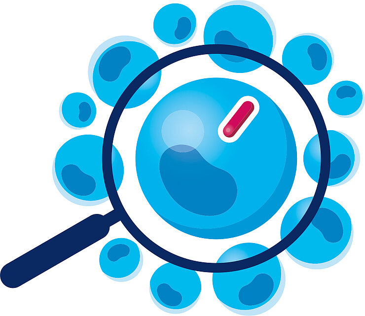 Illustration of a magnifying glass enlarging cells